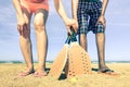 Best friends ready to play beach tennis game in summer Royalty Free Stock Photo