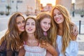 Best friends teen girls at sunset in the city Royalty Free Stock Photo