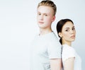 Best friends teenage girl and boy together having fun, posing emotional on white background, couple happy smiling Royalty Free Stock Photo