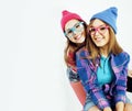 Best friends teenage girls together having fun, posing emotional on white background, besties happy smiling, lifestyle Royalty Free Stock Photo