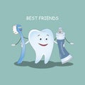 Best Friends teeth. illustration. Illustration for children dentistry and orthodontics. Image toothbrush, tooth paste and t