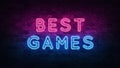 Best games neon sign, great design for any purposes. 3d render. Modern design. Retro emblem design. Slot neon sign. Decoration