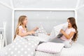 Best girls sleepover party ideas. Girls happy best friends in pajamas with pillows sleepover party. Soulmates girls