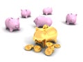 Best golden piggy bank and money dollar coins Royalty Free Stock Photo