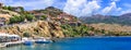 Best of Greece - scenic Lesvos island. Molyvos Mythimna town. view of marine with traditional boats and castle Royalty Free Stock Photo