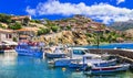 Best of Greece - scenic Lesvos island. Molyvos Mythimna town. view of port and medieval castle on hill top Royalty Free Stock Photo