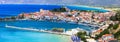 Best of Greece - scenic Samos island. Beautiful Pythagorion town, view of marine and beach Royalty Free Stock Photo
