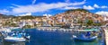 Best of Greece - travel in Lesvos Island, scenic  Plomarion town with traditional fishing boats Royalty Free Stock Photo