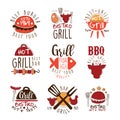 Best Grill Bar Promo Signs Series Of Colorful Vector Design Templates With Food Silhouettes