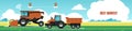 Best harvest banner. Tractor combine in field. Agricultural machines online determine location. Farmer activity, company