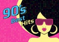 Best hits of 90s illistration with disco woman wearing glasses and on pink background