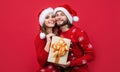 Best holiday. happy family share presents in winter. merry christmas. man and woman love party. knitted warm clothes