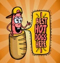 Best hot dogs here sign with cartoon sausage dressed in bun