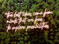 `The best ideas come from minds that are free to explore possibilities` quote - Neon cool inspiring quote