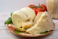 Best Italian cheeses - fresh caciocavallo, pecorino, parmesano Royalty Free Stock Photo