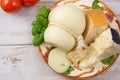 Best Italian cheeses - fresh caciocavallo, pecorino, parmesano Royalty Free Stock Photo