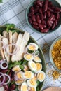 Fresh salad with chicken, red beans, cucumber, radish, eggs and onion Royalty Free Stock Photo