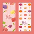 Best macarons vertical banner, vector illustration. Confectionery advertisement campaign, colorful french macaroons