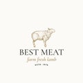 Best Meat Farm Fresh Lamb Abstract Vector Sign, Symbol or Logo Template. Hand Drawn Engraving Sheep Sillhouette with