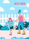 Best mom and daughter skating together poster, flat cartoon vector illustration