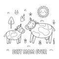 Best mom ever black and white print with a cute mother cow and her baby calf Royalty Free Stock Photo