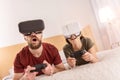 Energetic satisfied couple matching in VR glasses