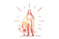 Best mother and daughter holding hands, female superhero in costume with cape, little girl with parent, motherhood