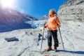 Best Norway hike. Senior women with hiking equipment in the mountains