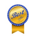 Best offer award ribbon icon. Gold blue sign isolated white background. Golden badge choice reward. Symbol win Royalty Free Stock Photo