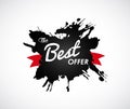 The Best Offer sign on black splash label with red ribbon. Royalty Free Stock Photo