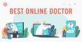 Best Online Doctor Landing Page Template. Patients Characters Use Distant Medical Consultation via Internet Huge Device