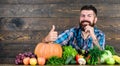 Best organic food. bearded mature farmer. harvest festival. organic and natural food. happy halloween. seasonal vitamin