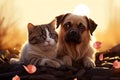 Best pals Dog and cat share outdoor fun, lying back Royalty Free Stock Photo