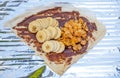 Best pancakes with chocolate and slices of bananas.
