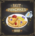 Best pancakes here, vector poster with pancakes served with berries Royalty Free Stock Photo