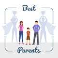Best parents flat vector illustration. Happy family, mother and father with superhero shadow cartoon characters in frame