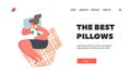 The Best Pillows Landing Page Template. Girl Sleep on Side with Bent Legs. Female Character Sleeping Embryo Pose