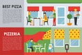 Best Pizza and Pizzeria flat concept web vector illustration. Restaurant interior presentation.