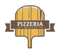 Best pizzeria in town promotional logotype with wooden board
