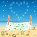 The best postcard I love you, heart made of bubbles, rope with slats, dried piece of fabric with a congratulation Royalty Free Stock Photo