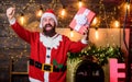 The best present. bearded santa deliver presents. Christmas shopping. winter shopping sales. Cheerful elf. christmas Royalty Free Stock Photo