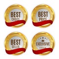 Best Price, Seller, Choice and Exclusive offer Golden Shiny Label with Red Ribbon Sign Collection Set. Vector Royalty Free Stock Photo