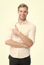 Best promotion. Happy guy give thumbs up isolated on white. Promoting product or service. Promoting and advertising