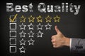 Best Quality five 5 star rating. thumbs up service golden rating stars on chalkboard Royalty Free Stock Photo