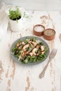 Salad with arugula, shrimps, parmesan cheese and pine nuts Royalty Free Stock Photo