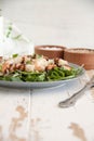 Salad with arugula, shrimps, parmesan cheese and pine nuts Royalty Free Stock Photo