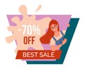 Best sale banner with beautiful spectacled girl peeping from behind wall. Discount poster template