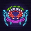 Best seafood. Fresh dressed crab neon sign. Vector. For seafood emblem, sign, patch, shirt, menu restaurants, fish