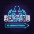 Best seafood. Fresh octopus neon sign. Vector illustration. For seafood emblem, sign, patch, shirt, menu restaurants Royalty Free Stock Photo