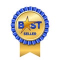 Best seller award ribbon icon. Gold blue badge isolated white background. Golden bestseller label. Abstract decoration